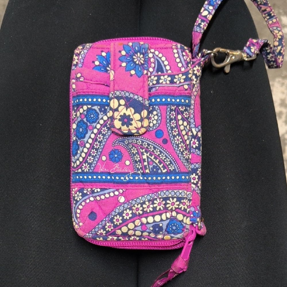 Vera Bradley Pink Paisley Floral Wristlet Card Case with Blue Accents